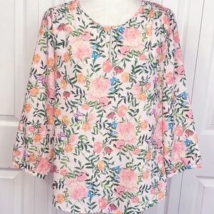 NWT Crosby Pink Floral Butterfly Print Smocked 3/4 Sleeve Blouse Large